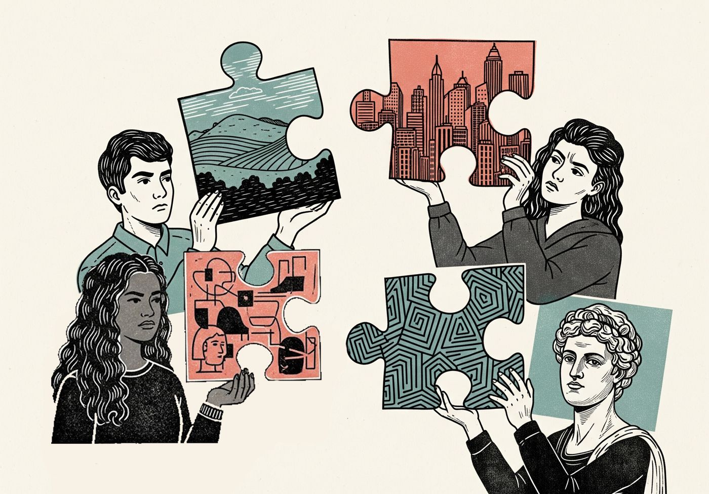 Linocut illustration: four people each hold up a different jigsaw piece showing a landscape, a city, a maze and a face.