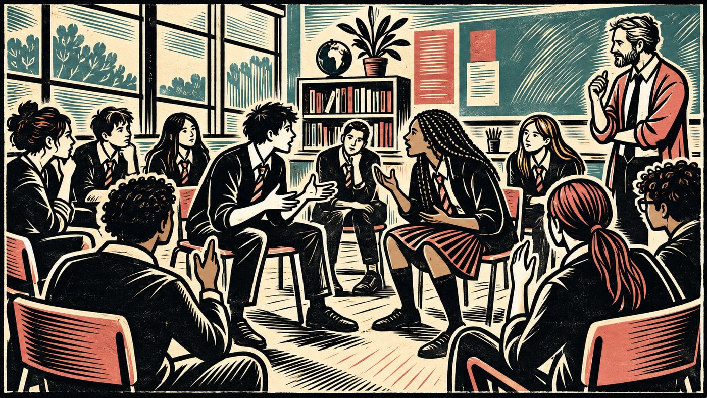 Linocut illustration: secondary students sit in a circle of chairs while two of them argue in the middle; a teacher stands at the edge, listening.