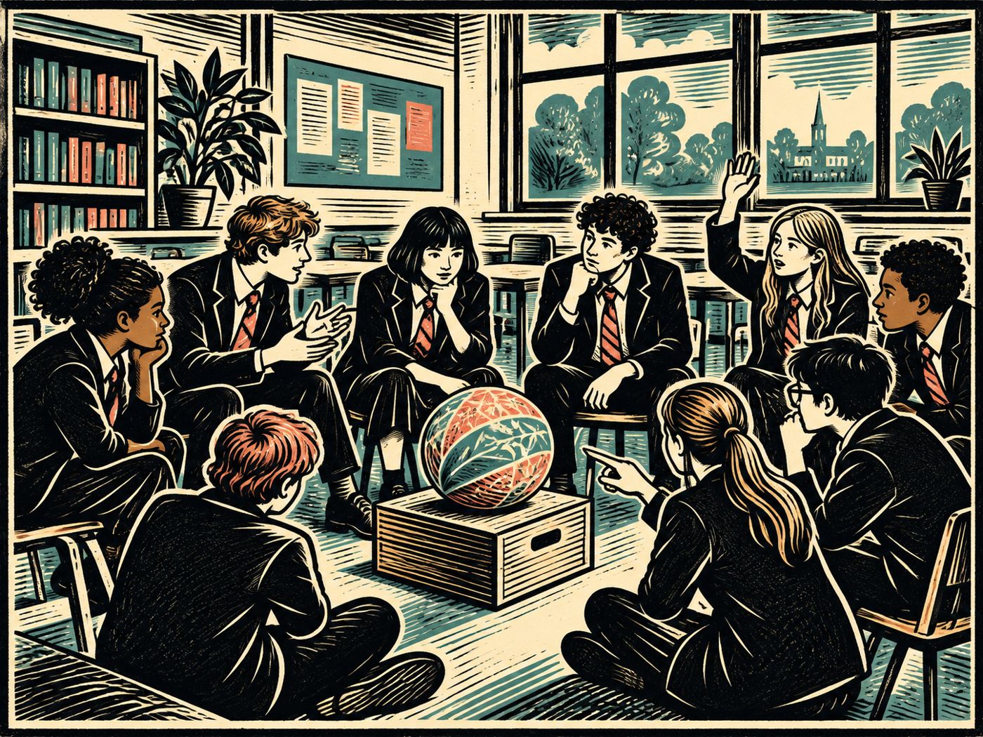 Linocut illustration: the same classroom; the girl is back in the circle and a patterned ball sits on the box, with students leaning in to talk about it.